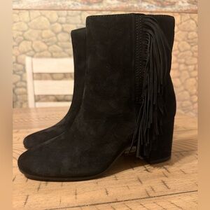 Frye Black Suede Fringe Heeled Boots.  “Jodi" Fringe Suede Ankle Bootie